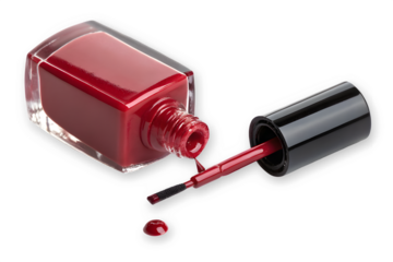 Red nail polish bottle with brush and drop isolated on transparent background