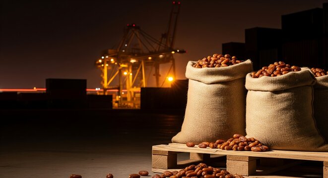 Dates piled on sacks at a bustling port terminal at night