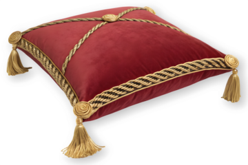 Red royal velvet cushion with gold tassels isolated on transparent background