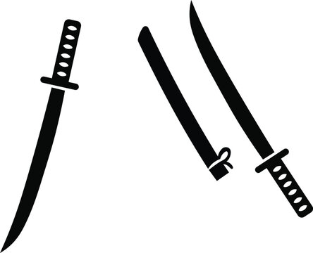 Katana and wakizashi japanese samurai sword black silhouette vector icons