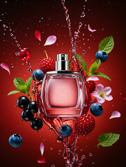 Luxury Berry Perfume Bottle with Splash and Fresh Fruits on Red Background