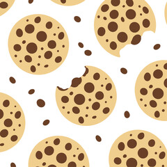 Chocolate chip cookies with bites taken out and scattered crumbs white background baked