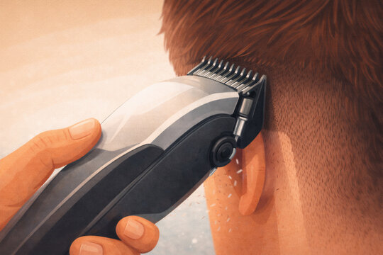 Barber trimming neckline with electric clippers