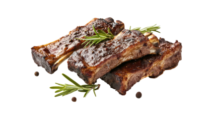 Roasted pork ribs with rosemary and black peppercorns isolated on transparent background