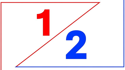 Fraction one half depicted on a white rectangle flag divided diagonally by a red line separating the red number one and blue number two creating a representation of numerical division or ratio