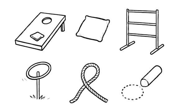 Collection of outdoor game equipment in a simple line drawing style