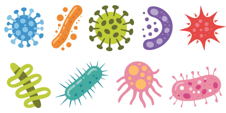 Collection of colorful cartoon viruses and bacteria with spikes and dots microbe germ