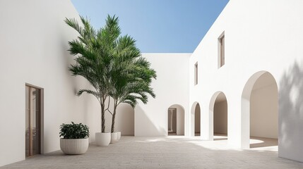 Minimalist White Courtyard Palm Trees, Arches and Sky, Architecture, Design