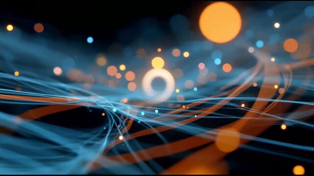 Futuristic abstract background with flowing blue and orange light trails and particles, representing data transfer, fiber optic communication, and advanced digital network technology