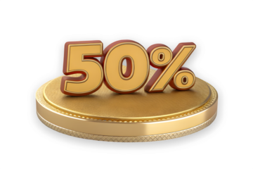 Golden 50 discount sign on a coin base isolated on transparent background