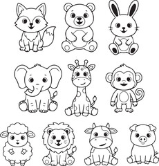 Obraz premium Playful cartoon animal illustration featuring wild and farm animals such as elephant, lion, monkey, giraffe, panda, cow, and fox. Created in a fun, colorful style suitable for children’s storybooks