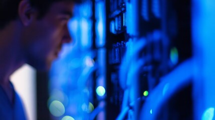 technician. A technician works in a data center, surrounded by blurred server racks under atmospheric lighting. product launch decks.