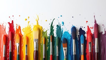 Paintbrushes create vibrant color explosion. Brushes loaded with red orange yellow green blue indigo purple paint. Art studio supplies for creative artists. Tools for painters mixing colors on white