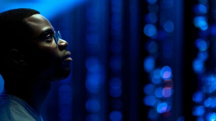 technician. A technician works in a data center, surrounded by blurred server racks under atmospheric lighting. product launch decks.

