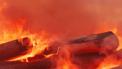 Intense flames engulf wooden logs in slow motion capturing fiery essence