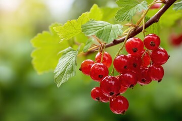 Ripe red currants on branch with green leaves in sunlit garden setting