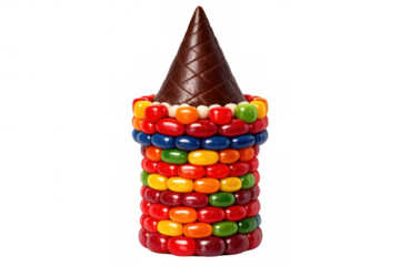 Colorful candy tower creating fun dessert architecture with chocolate cone roof, sweet confectionary treat on transparent background