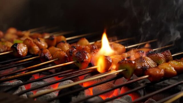 Juicy skewers grilling to perfection with flavorful flames and smoke