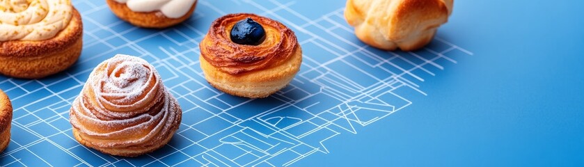 Pastry Blueprint Sweet Design Concept with Blueberry Tart, Baker , Dessert