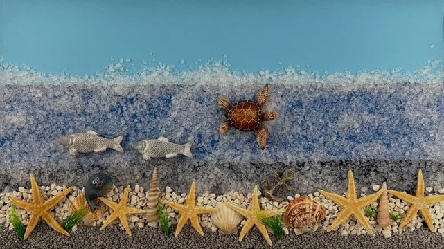 Stop Motion Animation of Sea Life and Sailboat on Salt Crystal Ocean