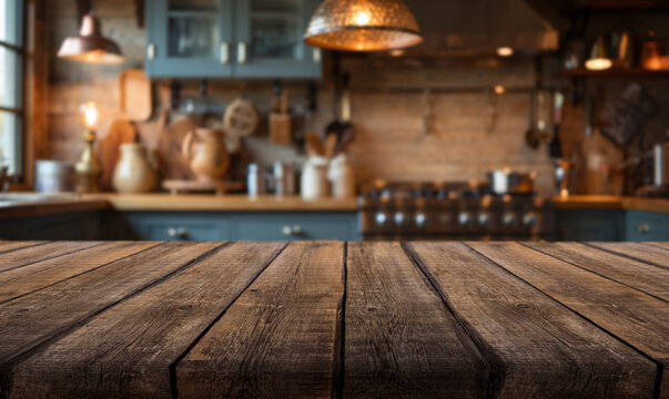 Rustic wooden countertop with blurred kitchen background and jars