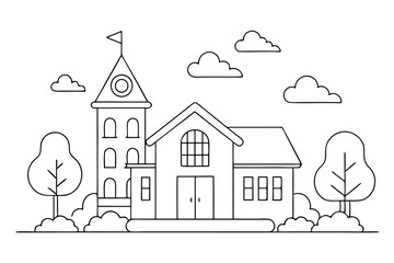 line drawing coloring page book for kids school building illustration