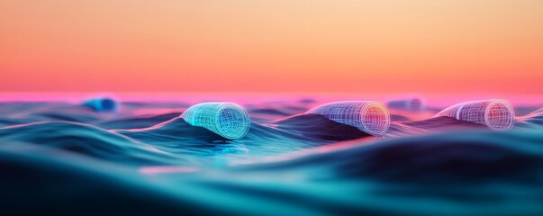 Tech Cylinder on Ocean Waves at Sunset, Futuristic, Technology