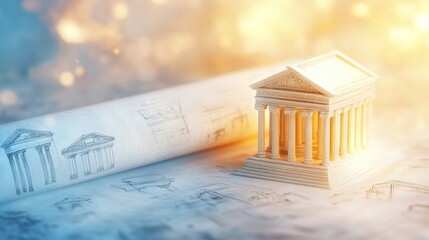 Temple Model on Blueprint, Architecture, Design