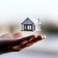 Tiny House on Hand Architectural Model in Palm, miniature ,concept