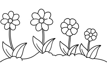 Line drawing flower garden coloring book page with plants and blooms