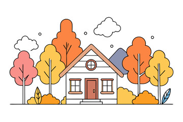 Line drawing cozy cabin autumn forest coloring book page for kids