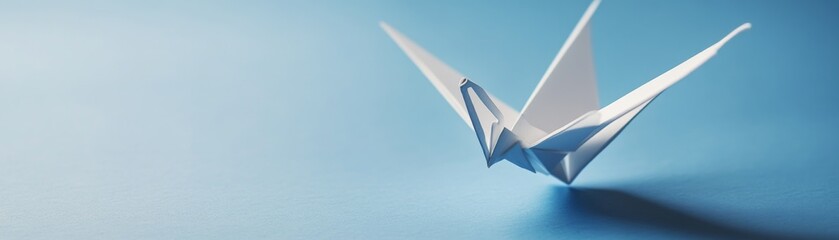 White Origami Crane on Blue, Papercraft ,Art