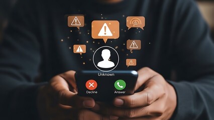 Person holding smartphone with unknown caller alert and warning mobile incoming