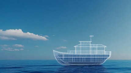 Wireframe Boat on Sea, blueprint ,design