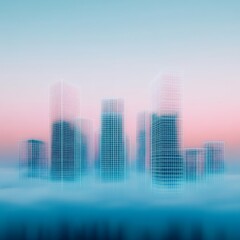 Wireframe Cityscape Blue Grid Buildings in Fog, Architecture , Future