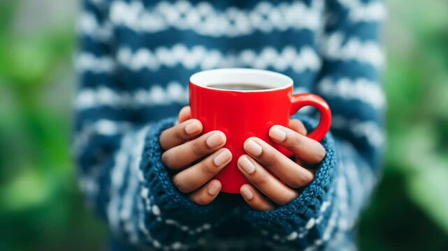 Woman's hands wrapped in a snug, knitted sweater cradle a steaming red mug of coffee or tea. It is a cozy and inviting scene, savoring a warm drink in the fresh outdoor air