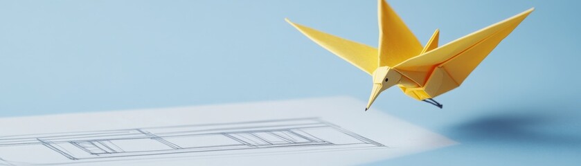 Yellow Origami Bird Flying Over Sketch,Creativity ,Design