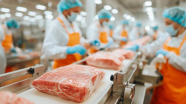 Close up of raw beef packaged on a food processing line. Workers in safety gear managing meat on the conveyor belt in a factory setting