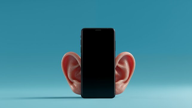 Smartphone with ears symbolizing phone listening and privacy invasion on blue background