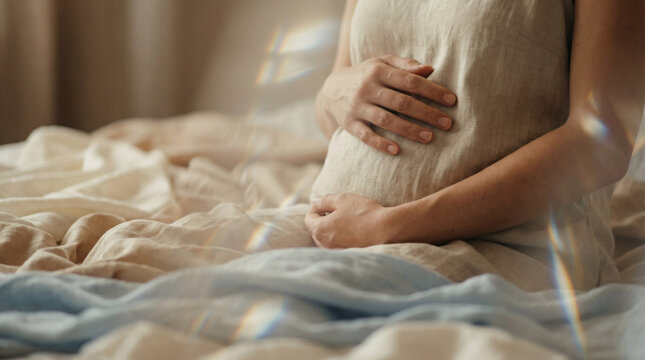 Close up of a woman in a linen dress holding her pregnancy bump with soft rainbow light reflections