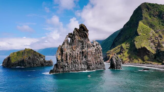 Ilheus da Ribeira da Janela rock formations rising from the Atlantic Ocean along the coast of Madeira Island