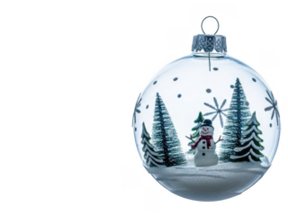 Christmas ornament with snowman and snowy forest scene