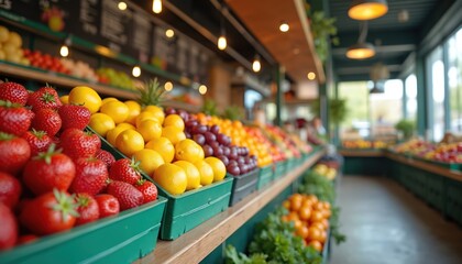 Bright fruit stall interior displays rows of fresh strawberries lemons oranges grapes. Customers select healthy organic produce. Grocer arranges vibrant fruits and vegetables for sale.