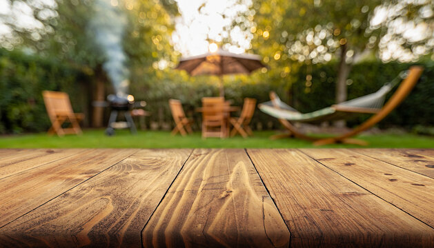 blurred background of a backyard garden with grill BBQ, wooden table on foreground