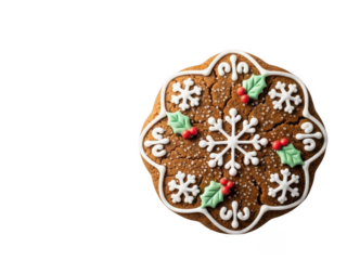 Delicious gingerbread cookie with snowflake icing and holly decorations