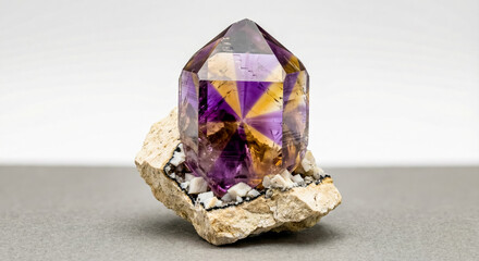Sectoral ametrine crystal showing distinct purple amethyst and yellow citrine zones within a single transparent prism.