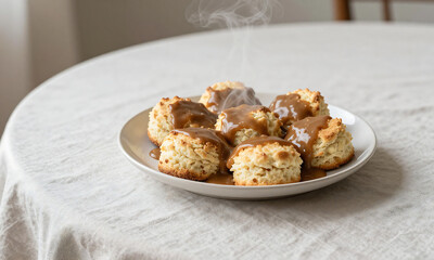 steaming plate warm biscuits gravy sits atop crisp linen tablecloth surrounded minimal space soft natural light