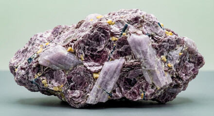 A collectible geological specimen of massive purple lepidolite mica hosting elongated prismatic spodumene crystal inclusions from a lithium rich pegmatite.