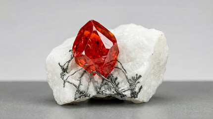 Transparent proustite crystal with deep red color on white quartz matrix with native silver.
