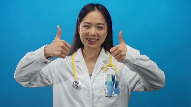 Young chinese woman doctor in uniform with stethoscope giving thumbs up over isolated blue background, smiling confidently.